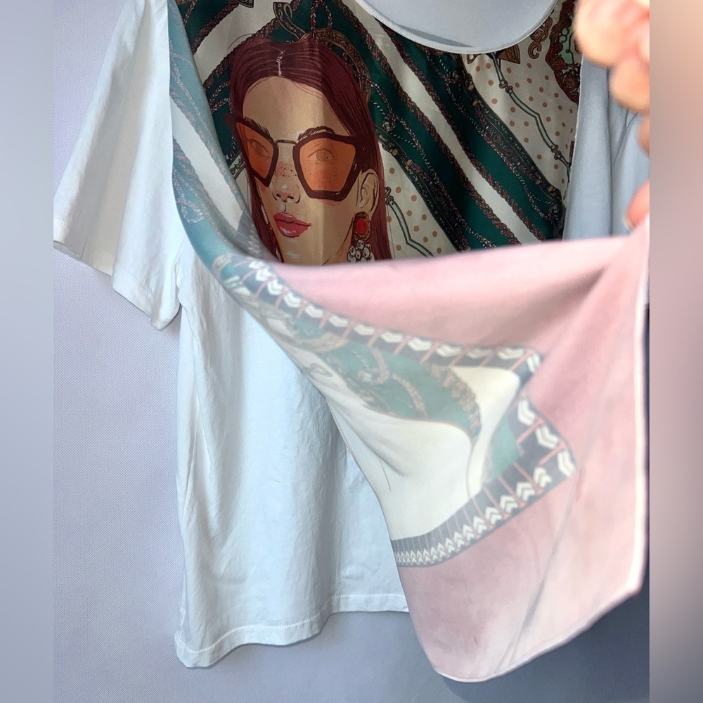 Zara‎ Original White Short Sleeve Scarf-Print Tee Large - Picture 6 of 9